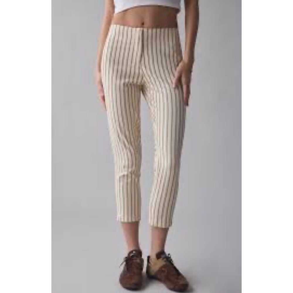 LINEN STRIPED CROPPED PANT Capri Office Work Zac & Rachel Beige Cream 12 Large